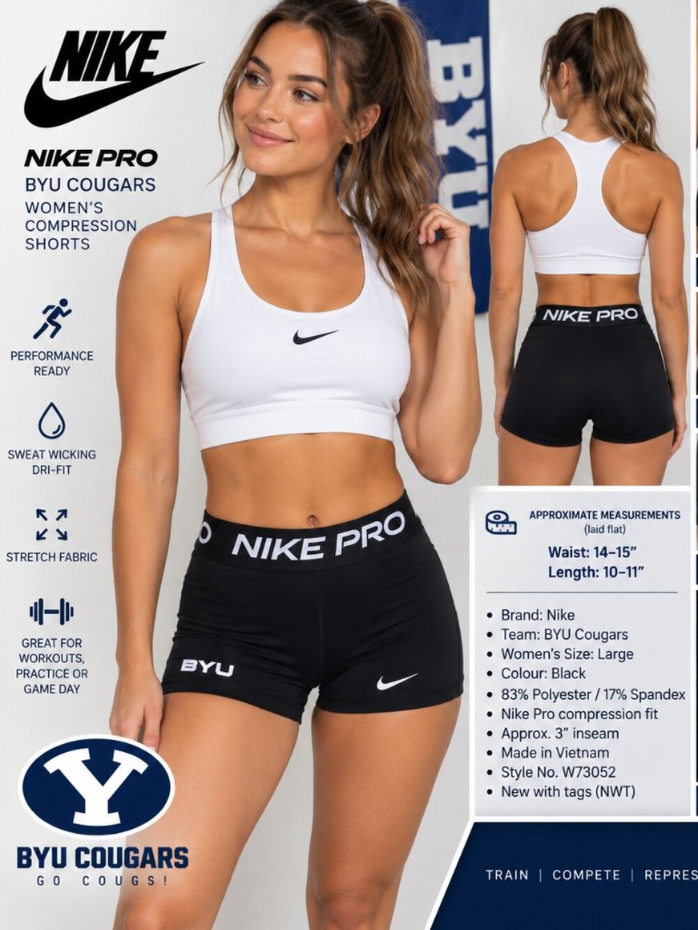 Nike Pro BYU Cougars Women’s 3” Compression Shorts Black L NWT